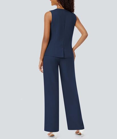 Women's Summer 2 Piece Blazer Outfits Sleeveless Crewneck Vest Wide Leg Pantsuit 2025 Dressy Casual Work Sets in Kuwait