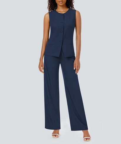 Women's Summer 2 Piece Blazer Outfits Sleeveless Crewneck Vest Wide Leg Pantsuit 2025 Dressy Casual Work Sets in Kuwait