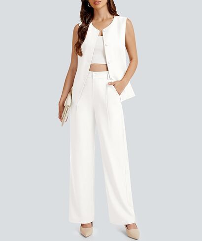 Women's Summer 2 Piece Blazer Outfits Sleeveless Crewneck Vest Wide Leg Pantsuit 2025 Dressy Casual Work Sets in Kuwait