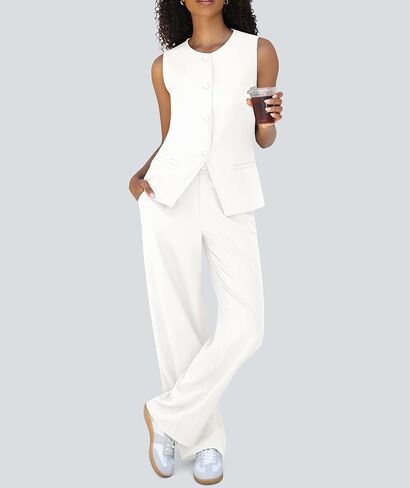 Women's Summer 2 Piece Blazer Outfits Sleeveless Crewneck Vest Wide Leg Pantsuit 2025 Dressy Casual Work Sets in Kuwait