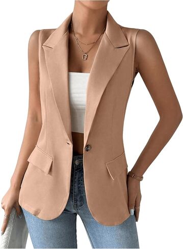 GORGLITTER Women's Plaid Sleeveless Blazer Vest Lapel Neck Open Front Office Work Lightweight Long Vest Tops in Saudi Arabia