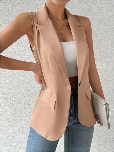 GORGLITTER Women's Plaid Sleeveless Blazer Vest Lapel Neck Open Front Office Work Lightweight Long Vest Tops in Saudi Arabia