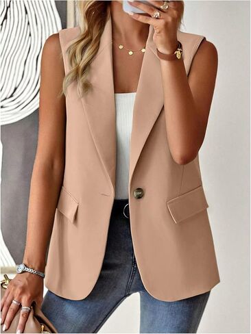 GORGLITTER Women's Plaid Sleeveless Blazer Vest Lapel Neck Open Front Office Work Lightweight Long Vest Tops in Saudi Arabia