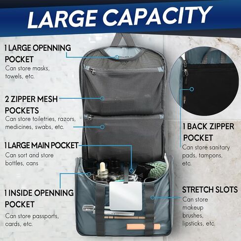Haimont Ultralight Toiletry Bags for Travel, Men Women Lightweight Hanging Toiletry Organizer, Traveling Cosmetic Toiletries Kit with Shatterproof Mirror for Gym, Water-Resistant, Grey in Saudi Arabia
