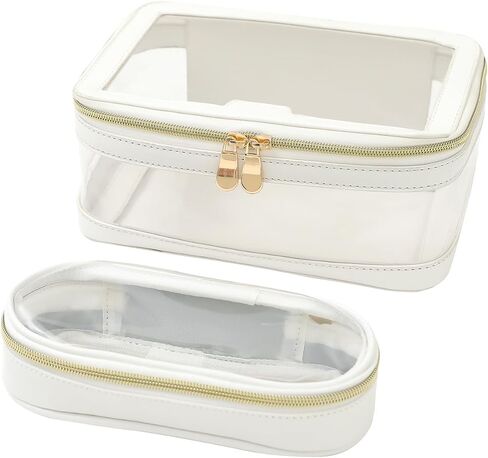 Clear Makeup Bag for Women, Cosmetic Bags Travel Toiletry Bag, Makeup Brush Bag, Leather Makeup Case with Clear Windows & Gold Zippers(White) in Saudi Arabia
