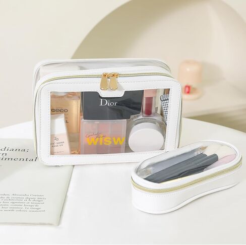 Clear Makeup Bag for Women, Cosmetic Bags Travel Toiletry Bag, Makeup Brush Bag, Leather Makeup Case with Clear Windows & Gold Zippers(White) in Saudi Arabia