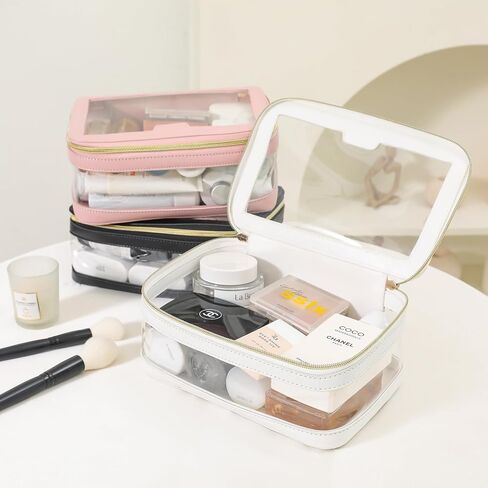 Clear Makeup Bag for Women, Cosmetic Bags Travel Toiletry Bag, Makeup Brush Bag, Leather Makeup Case with Clear Windows & Gold Zippers(White) in Saudi Arabia