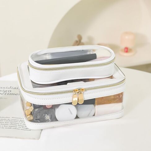 Clear Makeup Bag for Women, Cosmetic Bags Travel Toiletry Bag, Makeup Brush Bag, Leather Makeup Case with Clear Windows & Gold Zippers(White) in Saudi Arabia