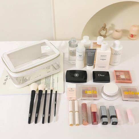 Clear Makeup Bag for Women, Cosmetic Bags Travel Toiletry Bag, Makeup Brush Bag, Leather Makeup Case with Clear Windows & Gold Zippers(White) in Saudi Arabia