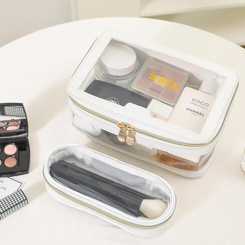 Clear Makeup Bag for Women, Cosmetic Bags Travel Toiletry Bag, Makeup Brush Bag, Leather Makeup Case with Clear Windows & Gold Zippers(White) in Saudi Arabia