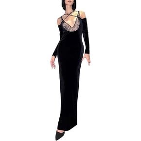Women Velvet Sexy Deep V Neck Maxi Dress Long Sleeve Cold Shoulder Patchwork Crisscross Long Party Dress