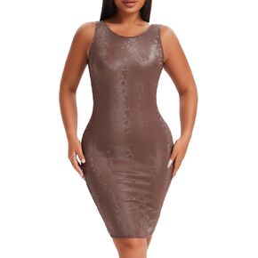 Women's Sleeveless Dress Boat Neck Snakeskin Print Slim Fit Club Party Bodycon