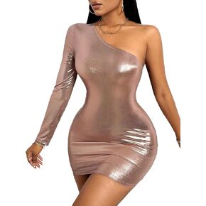 Floerns Women's One Shoulder Long Sleeve Metallic Party Bodycon Mini Dress