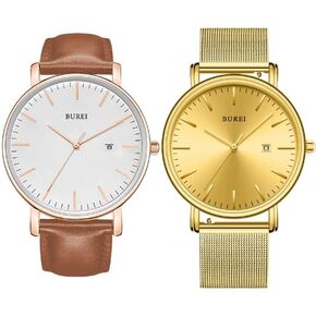 BUREI Men's Fashion Minimalist Wrist Watch Waterproof Watches Simple Ultra Thin Watches Analog Quartz Date with Brown Black Leather Strap(Rose Gold Brown)