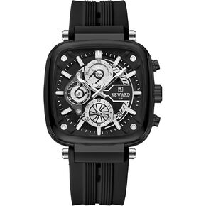 REWARD Men's 44mm Big Square Case Fashion Quartz Watch Chronograph Silicone Band Waterproof Wrist Watch for Male