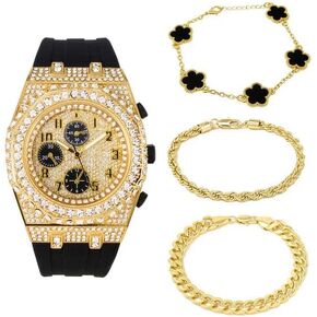 ICE STAR Men's 43mm Luxury Iced Diamond Octagon Watch & Bracelet Set - Silicone Band