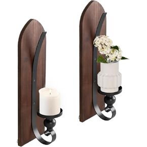 Wall Candle Sconces Set of Two, Black Wall Mounted Metal and Wooden Wall Candle Holders, Farmhouse Candle Sconces for Bedroom, Fireplace