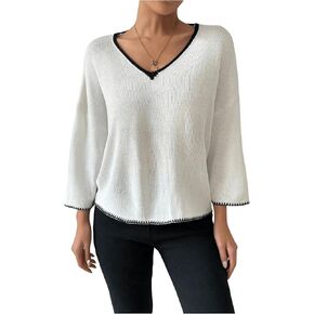 SweatyRocks Women's Contrast Binding V Neck Long Sleeve Knitwear Loose Fit Pullover Sweaters