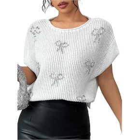 MakeMeChic Women's Bow Rhinestone Crew Neck Sweater Vest Cap Sleeve Knit Sweaters