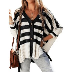 SHENHE Women's Oversized Striped Cardigan Button Down Dolman Sleeve High Low Loose Chunky Cardigan Sweater