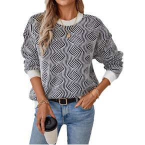 Xuan2Xuan3 Women Fall Crewneck Pullover Sweaters 2024 Color Block Pattern Casual Loose Winter Knit Jumper Tops