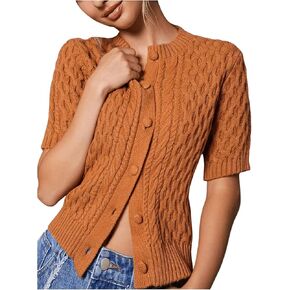 GORGLITTER Women's Button Down Crop Knitted Cardigan Short Sleeve Crew Neck Sweater Outerwear