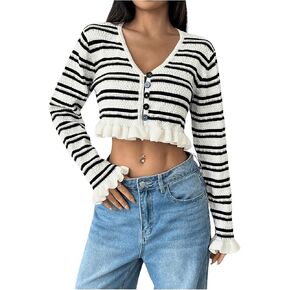 OYOANGLE Women's Striped Print Button Down Cardigan Sweaters V Neck Long Sleeve Ruffle Trim Crop Outerwear
