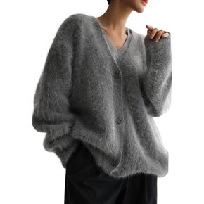 Arssm Womens Furry Cardigan Sweater Long Sleeve Cardigans Button Down V Neck Fluffy Knit Top Fashion 2024 Knitwear(Grey-M), Medium