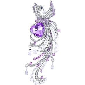 Purple Crystal Rhinestone Pearl Animal Shape Brooch Pins for Women Fashion Sliver Large Phoenix Bird Shape Brooches Jewelry for Suit Dress