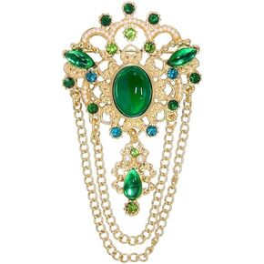 Dainty Emerald Green CZ Tassel Drop Brooch Lapel Pins for Women Vintage Antique Goldtone Pearl Rhinestones Flower Brooches Pin for Dress Suit Clothes Accessories Fashion Jewelry