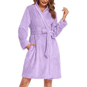 Ekouaer Womens Bathrobes Knee Length Plush Lounge Robe Fleece Soft Bathrobe with Pockets Purple M