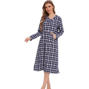 Zerbala Women's Midi Flannel Nightgown with Pocket Cotton Plaid NightGown