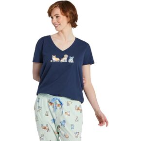 Life is Good. Women's Dog Playdate Snuggle Up Relaxed Sleep Vee, Darkest Blue
