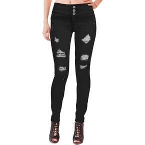 Hybrid & Company Women Fashion Destructed Skinny Jeans High Waist Stretch Denim Pants