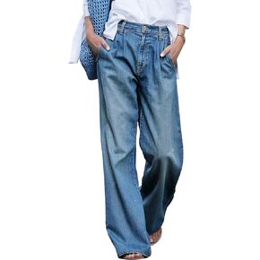 High Waist Jeans Women's Blue Washed Denim Wide Leg Pants Fashion Casual Street Pleated Clothing Ladies Pants