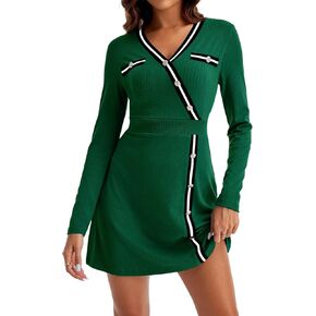 Saodimallsu Womens V Neck Sweater Dress Long Sleeve Color Block Button Knit Fall Slim Fit Bodycon Mini Dresses