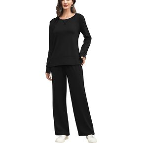 EYZH Travel Outfits for Women 2 Piece Sets, Womens Lounge Set Long Sleeve Crewneck,Side Slit Travel Set Womens Clothing Fall