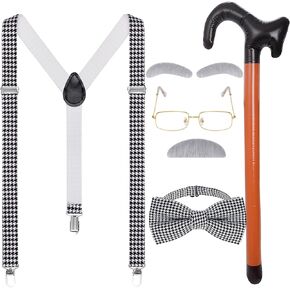 Dxhycc Kids Old Man Costume Grandpa Dress Up Accessories Glasses Suspenders Bow Tie Inflatable Cane Moustache and Eyebrows Set