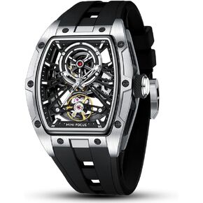MF MINI FOCUS Unique Men Watches,Automatic Mechanical Watch,Luxury Hollow Tonneau Watches for Men with Stainless Steel Case and Silicon Band Self-Wind Movement 5ATM Waterproof Super_Luminous