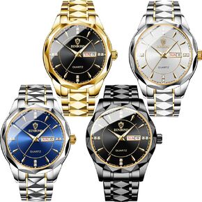 4 Pack Mens Watches Set, Big Dial Watches for Men Stainless Steel Watch with Date Week Waterproof Luminous Classic Business Diamond Wristwatch Wholesales