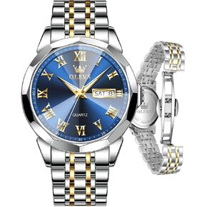 OLEVS Mens Watch, Dress Stainless Steel Analog Quartz Watches for Men with Day Date, Silver Gold Silver Waterproof Luxury Two Tone Casual Big Face Large Silver/Blue/Grey Roman Dial Men's Wrist Watch