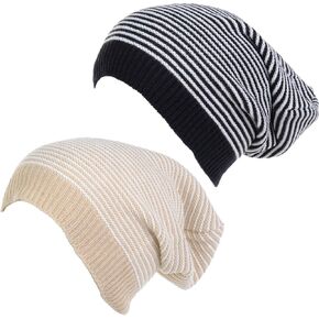 an Unisex Striped Knit Slouchy Beanie Hat Lightweight Soft Fashion Cap