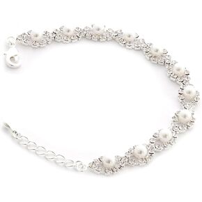 Silver Crystal Rhinestone Teardrop Formation with White Pearl Iink Bracelet by Topwholesalejewel