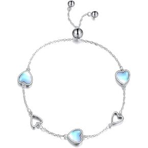 POPLYKE Heart Charm 925 Sterling Silver Bracelet Moonstone Adjustable Chain Bracelet Jewelry Gift for Women Birthday Christmas