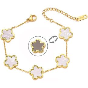 Dainty Gold Daisy Bracelet for Women 18k Gold Plated Clovers Bracelets Lucky Flower Link Bracelets Gifts for Love（white and grey）