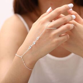 Yalice Dainty Hand Chains Crystal Finger Bracelet Ring Slave Finger Chain Jewelry for Women and Girls (Silver)