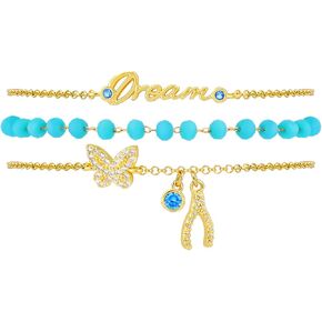 Gold Dream Charm Link Bracelets for Women 3pcs Round Cubic Zirconia Butterfly Wishbone Dream Pendant Bracelet Set Blue Faceted Glass Beaded Bracelet Adjustable Trendy Party Jewelry Gift for Women