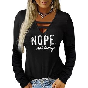 Hilinker Womens Sexy Cut Out Tops Graphic Long Sleeve V Neck T Shirts Casual Loose Tee