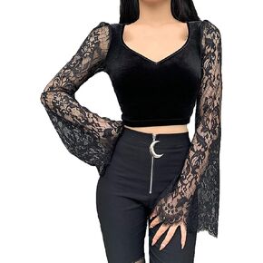 TSMNZMU Womens Gothic Velvet Crop Tops Emo Alt Mall Goth Shirt Punk Harajuku Grunge T Shirt V Neck Lace Long Sleeve Shirt