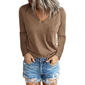Sherosa Women's V Neck Long Sleeve T Shirts Side Split Tunic Tops with Pocket Loose Fit Casual Basic Tees Shirts